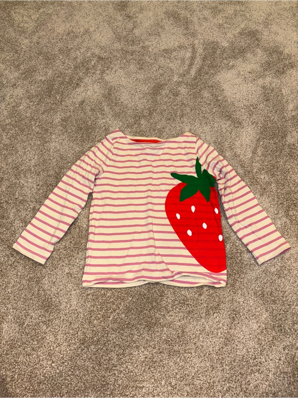 Mini Boden Pink-Striped Long Sleeve Top with Strawberry Graphic